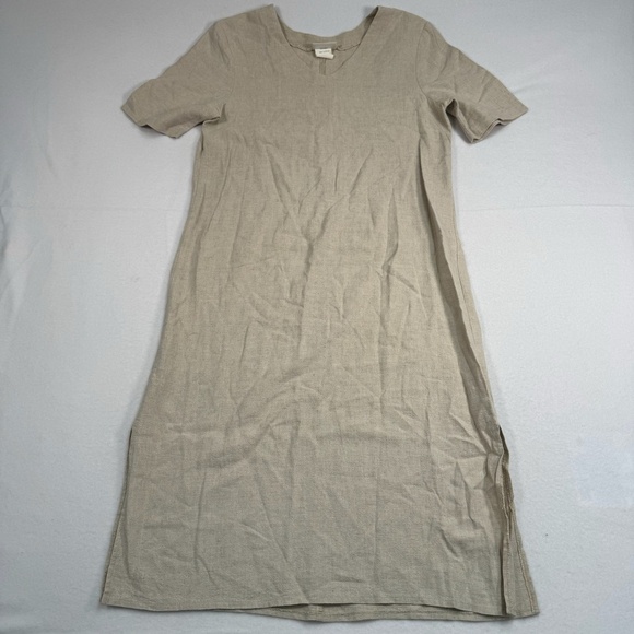 Nina Piccalino Linen Blend Short Sleeve Maxi Dress Womens Size 8 V Neck Oatmeal - Picture 1 of 6